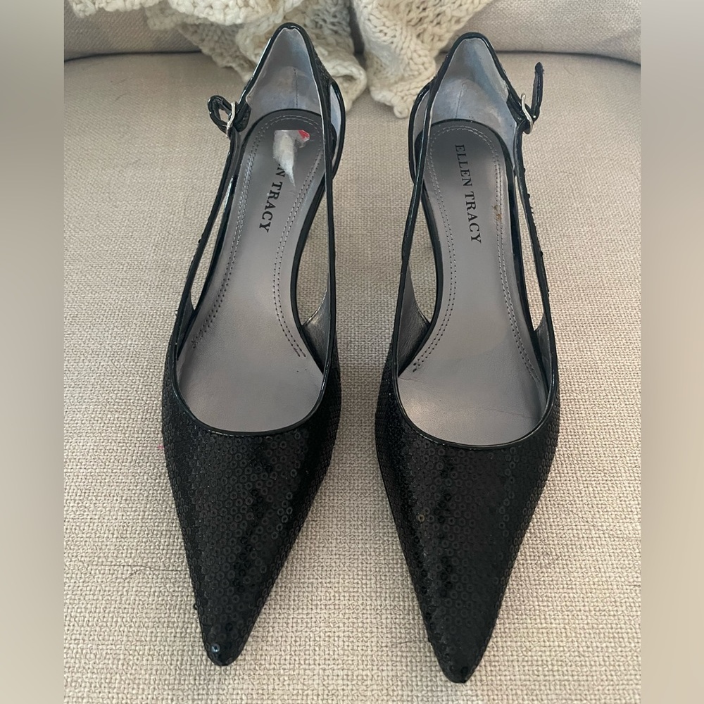 Ellen Tracy women’s black sequin sling back heels, size 8